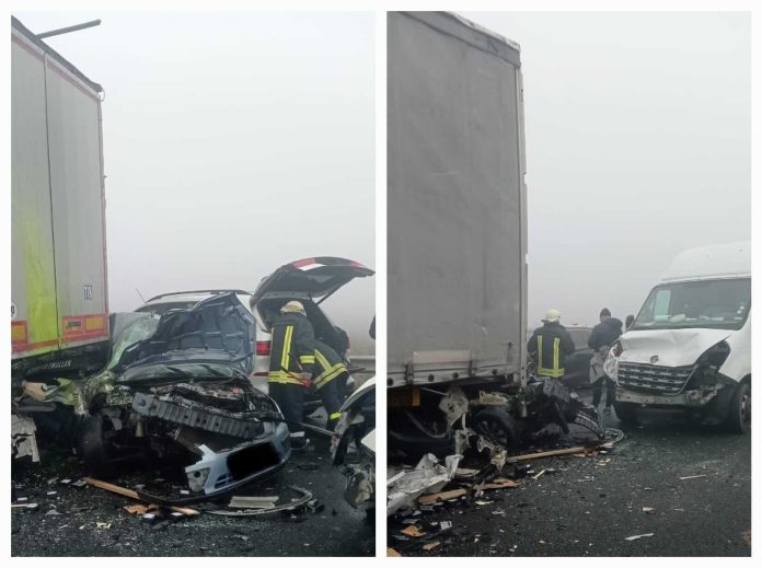 FOTO. Accident în lanț pe A1. Șapte autovehicule implicate, doi răniți