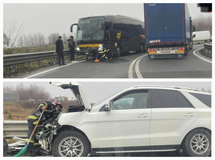 Coliziune între un autobuz și o mașină. Trafic îngreunat pe cel mai circulat drum din Timiș