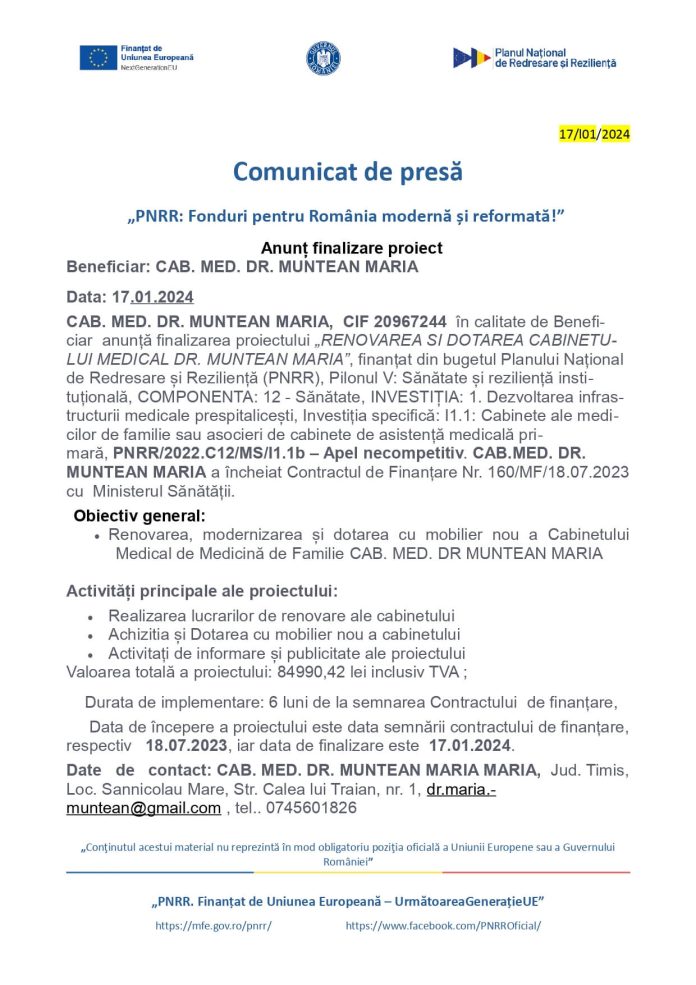 „PNRR Fonduri pentru România modernă și reformată!” - Anunț finalizare proiect