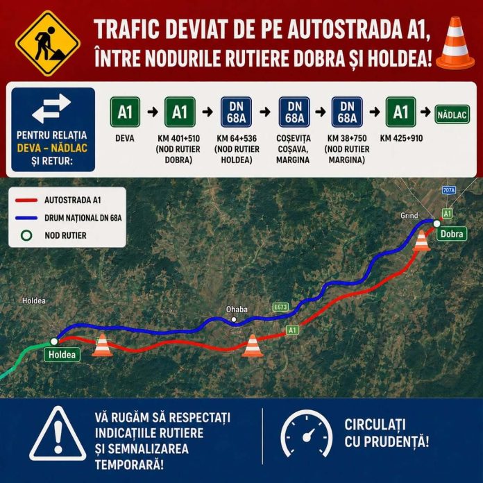Trafic închis pe autostrada A1, la granița dintre Timiș și Hunedoara