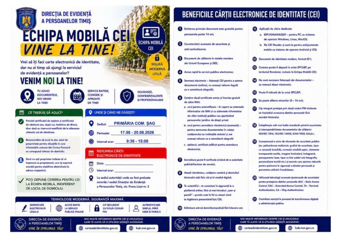 Echipă mobilă pentru eliberarea Cărții de Identitate Electronice, la Primăria Șag