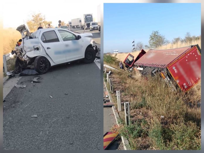 Impact violent pe A1, în Timiș tir răsturnat în șanț, mașină distrusă